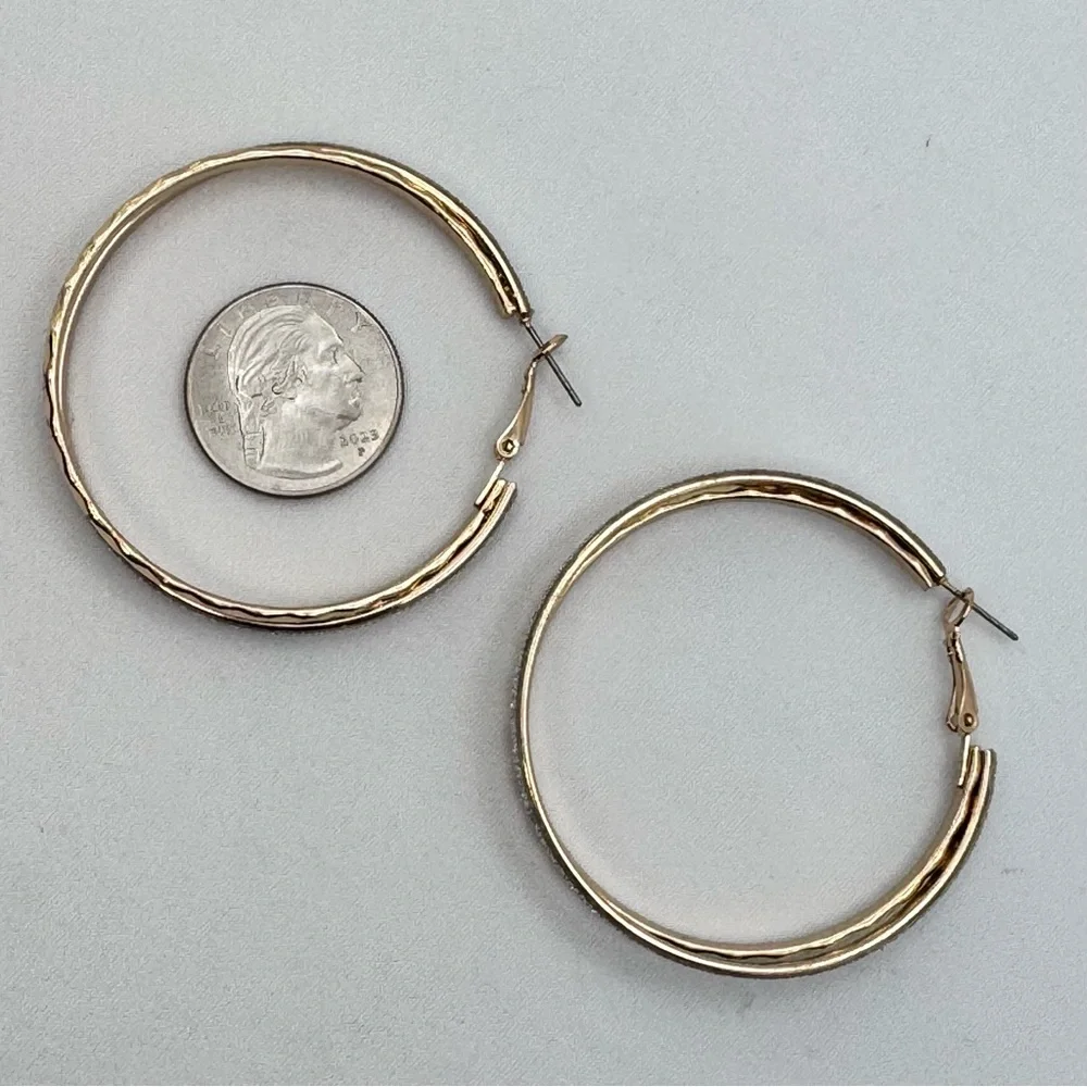 Gold Tone Glitter Hoop Earrings Textured Large Statement Hoops Bold Sparkle